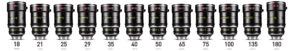 Leitz Prime Lenses 18mm, 21mm, 25mm, 29mm, 35mm, 40mm, 50mm, 65mm, 75mm, 100mm, 135mm, 180mm, 350mm