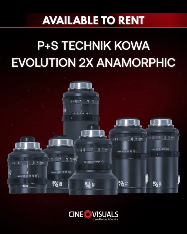 Rent the P+S Technik Kowa Evolution 2x Anamorphic at Cine Visuals.

Set includes:

- 32mm
- 40mm
- 50mm
- 75mm
- 100mm
- 135mm

Shipping worldwide 🌎

#cinema #cinematography #dp #cinelens #cinelenses